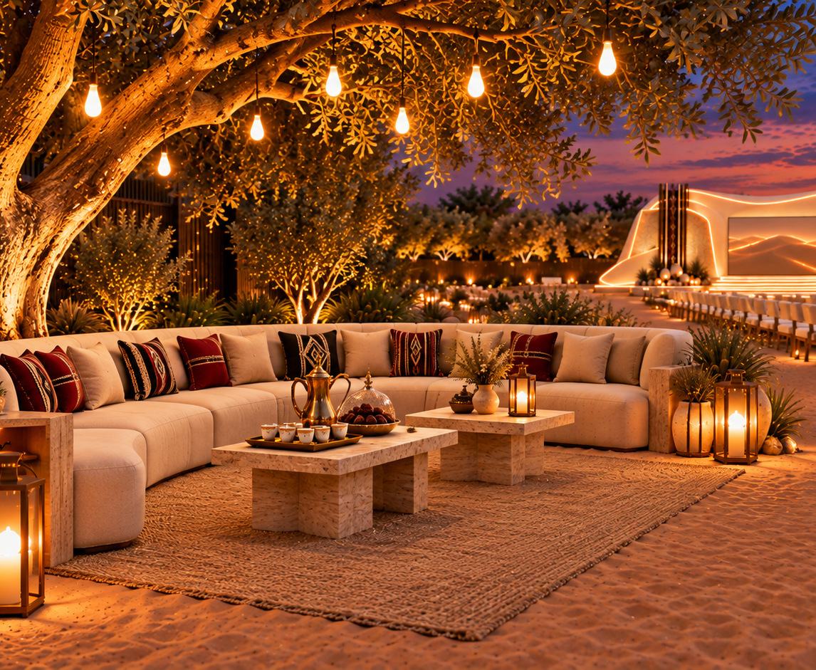 Majlis bas sous un grand arbre : assises neutres, coussins bordeaux, lanternes chaudes, dallahs.