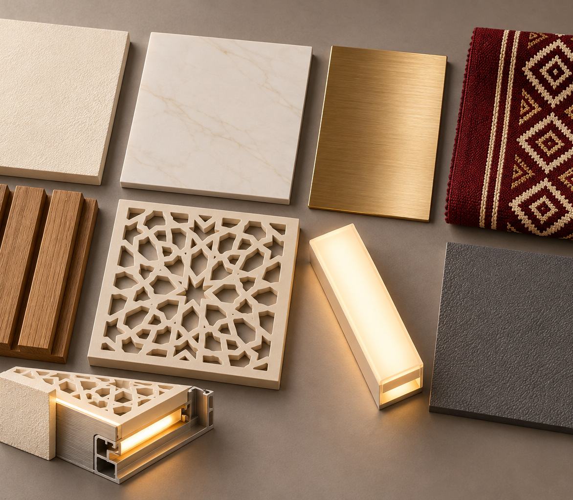 Échantillons de matières : enduit ivoire, laiton brossé, textile Sadu bordeaux, lattes de chêne, treillis CNC, diffuseur lumineux.