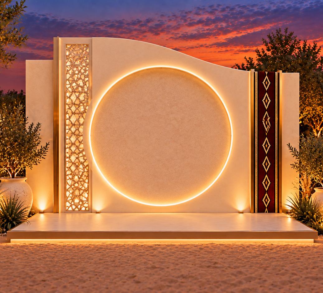 Mur ivoire avec cercle lumineux et bandes Sadu, devant l’entrée.