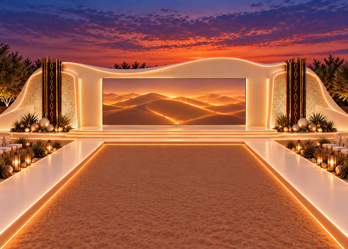 Façade de scène en vague ivoire, écran central montrant un horizon de dunes.